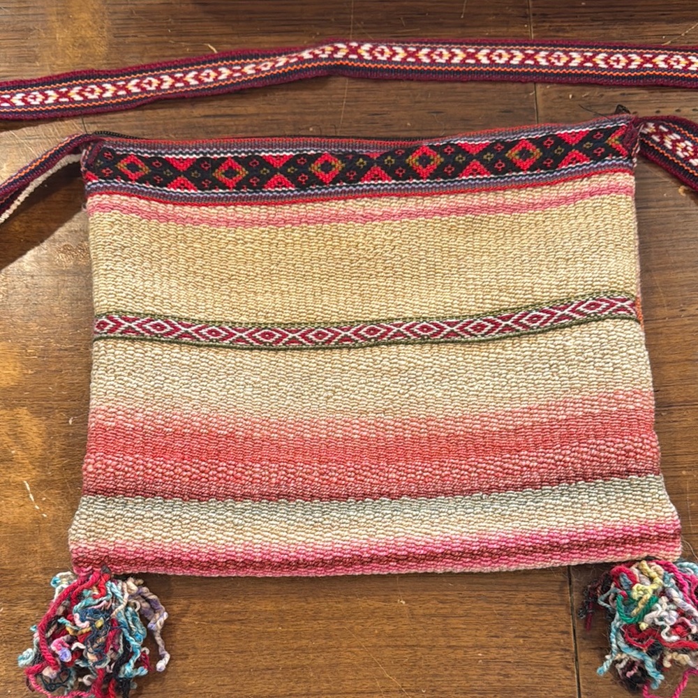 Boho Festival Crossbody bag. Pink and Cream Woven Bag